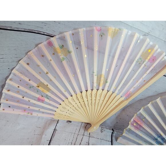Pretty Silk Fan Lot Of with Flowers Gold Stars Handheld Fan Folding Fans Asian - Picture 3 of 6